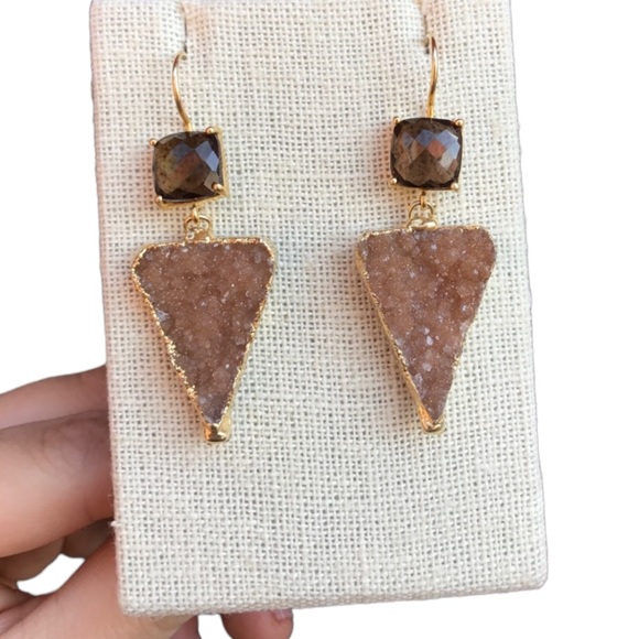 Smokey Quartz and Druzy gold plated wire back Earrings - Picture 5 of 11